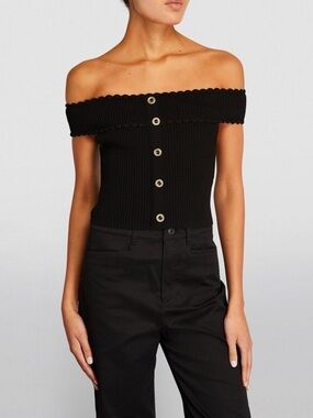 Sandro Bergame Black Ribbed Off-Shoulder Top with Lace Trim